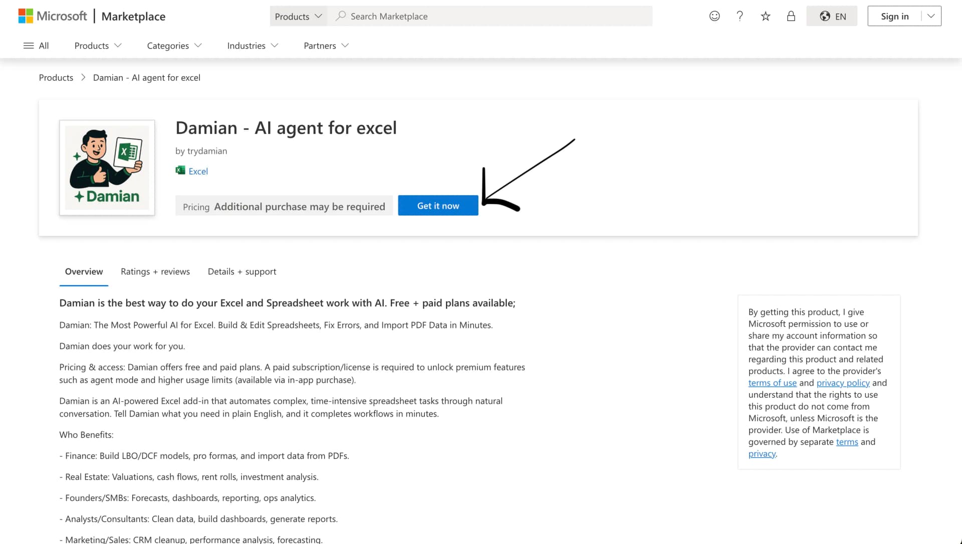 Microsoft Add-ins store with Damian listing