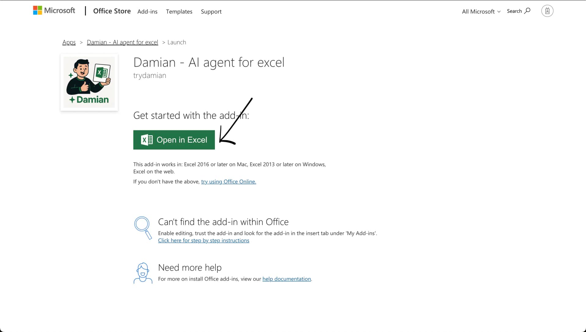 Damian Add-in listing showing Open in Excel option
