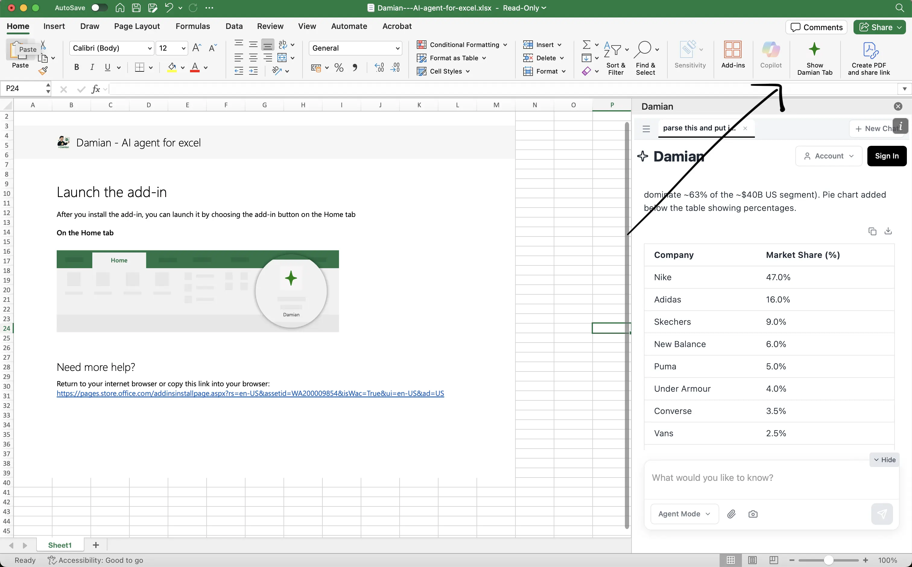 Show Damian button in Excel home tab